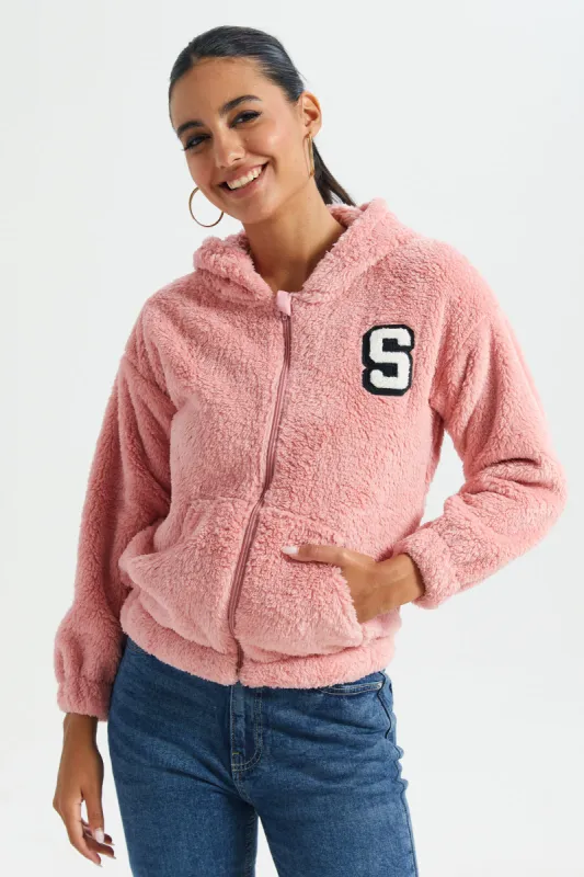 Women Pink Fleece Zip Through Hooded Sweatshirt sold by Redtag