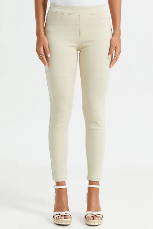 Women Beige Solid Knit Jegging sold by Redtag