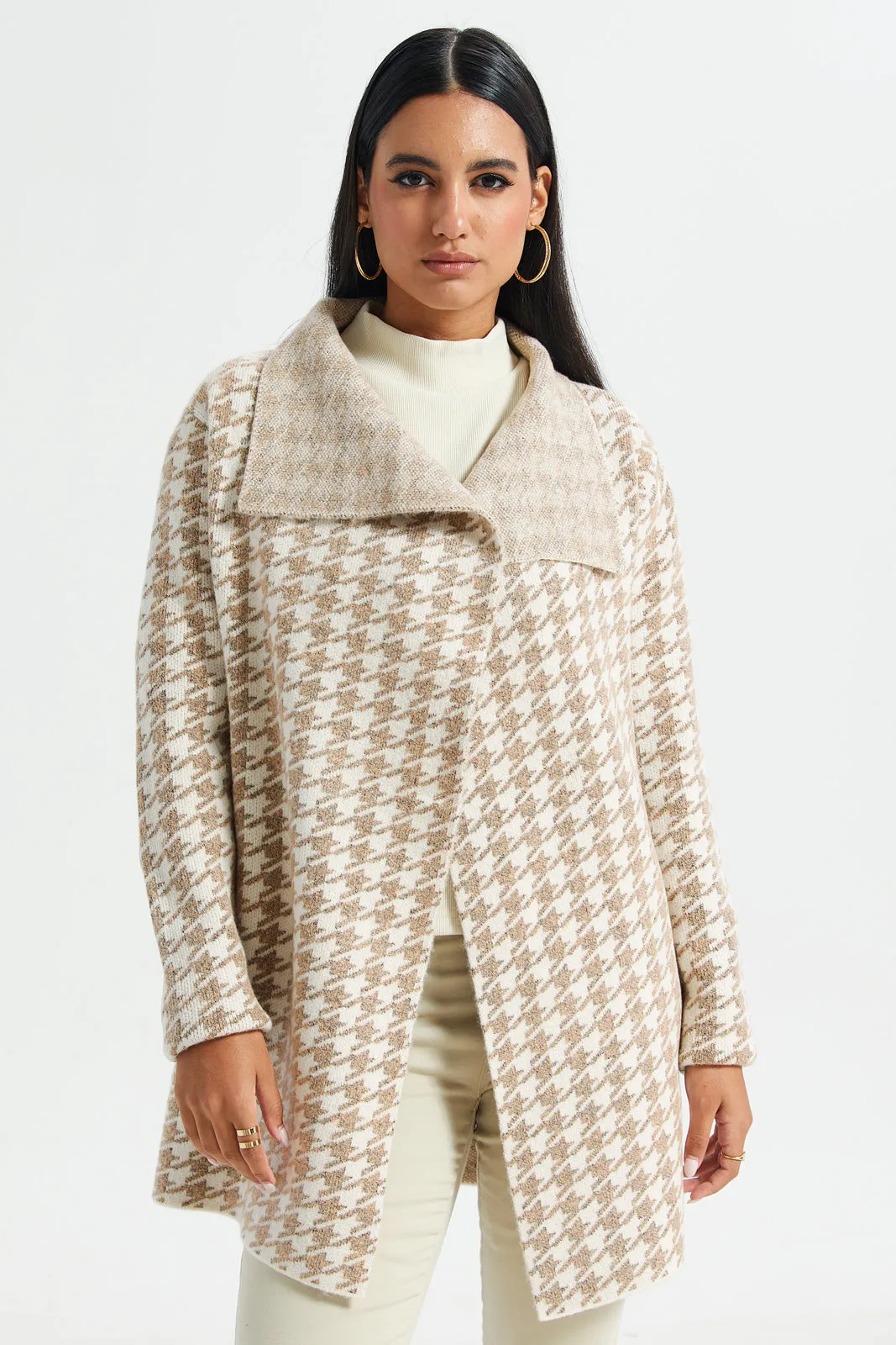 Women Beige And White Printed Longline Knitted Cardigan sold by Redtag