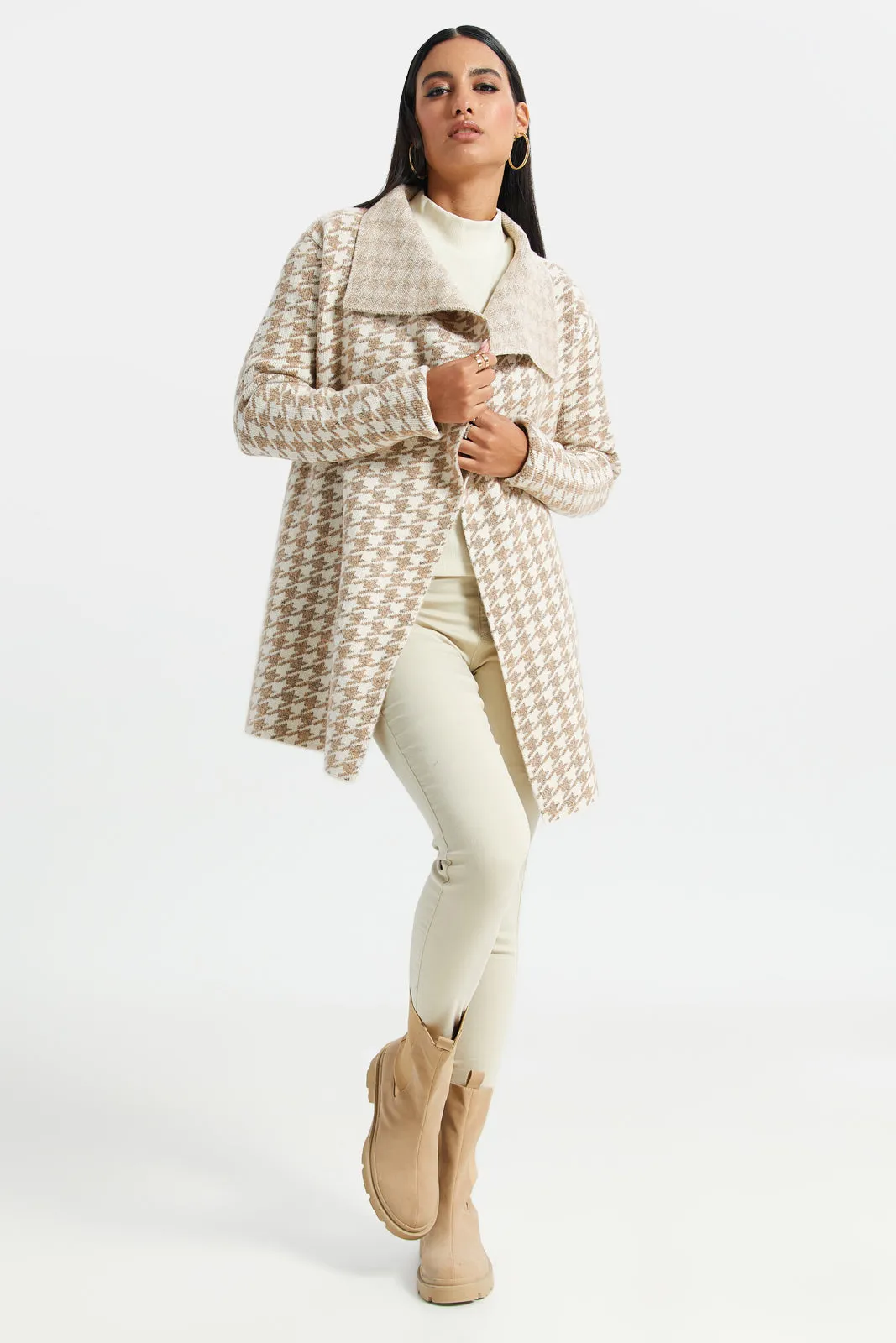 Women Beige And White Printed Longline Knitted Cardigan sold by Redtag product image thumbnail 2