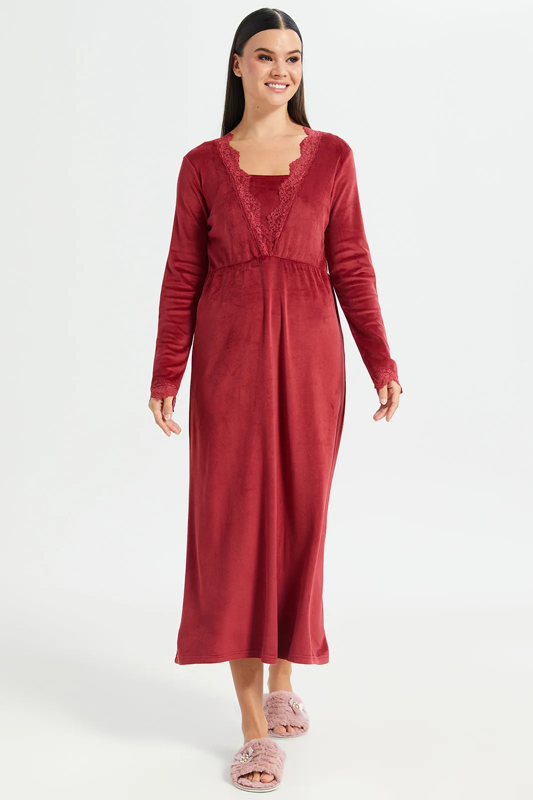 Women Red V-Neck Lace Velvet Nightgown sold by Redtag product image thumbnail 4