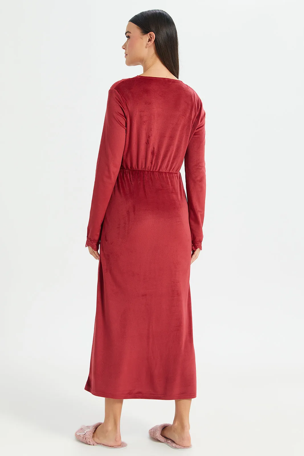 Women Red V-Neck Lace Velvet Nightgown sold by Redtag product image thumbnail 3