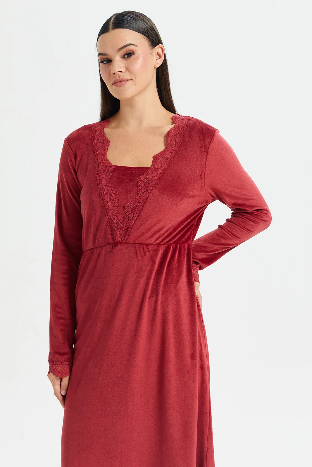 Women Red V-Neck Lace Velvet Nightgown sold by Redtag product image thumbnail 2