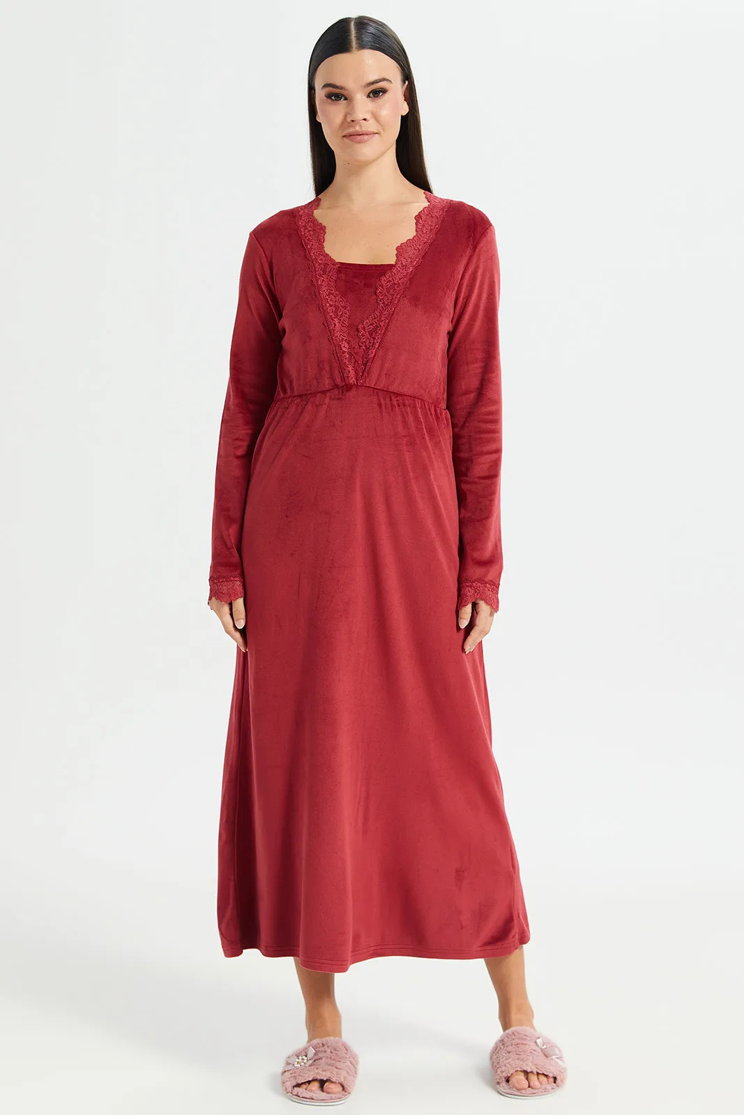 Women Red V-Neck Lace Velvet Nightgown sold by Redtag