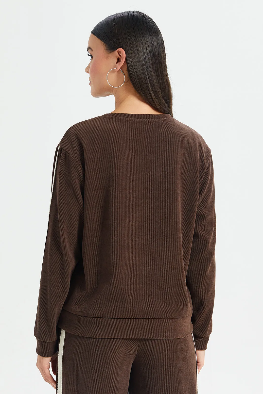 Women Brown Contrast Tape Detailed Drop Shoulder Sweatshirt sold by Redtag product image thumbnail 3