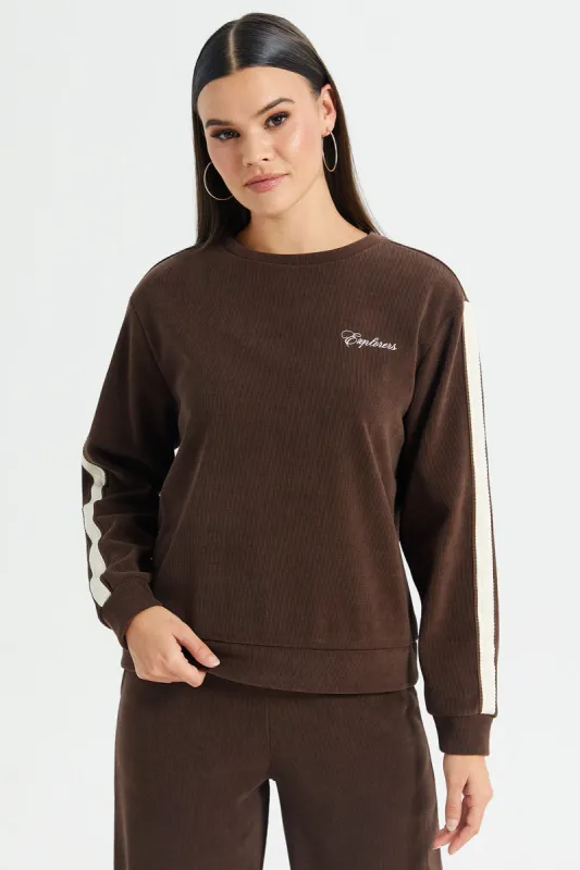 Women Brown Contrast Tape Detailed Drop Shoulder Sweatshirt sold by Redtag