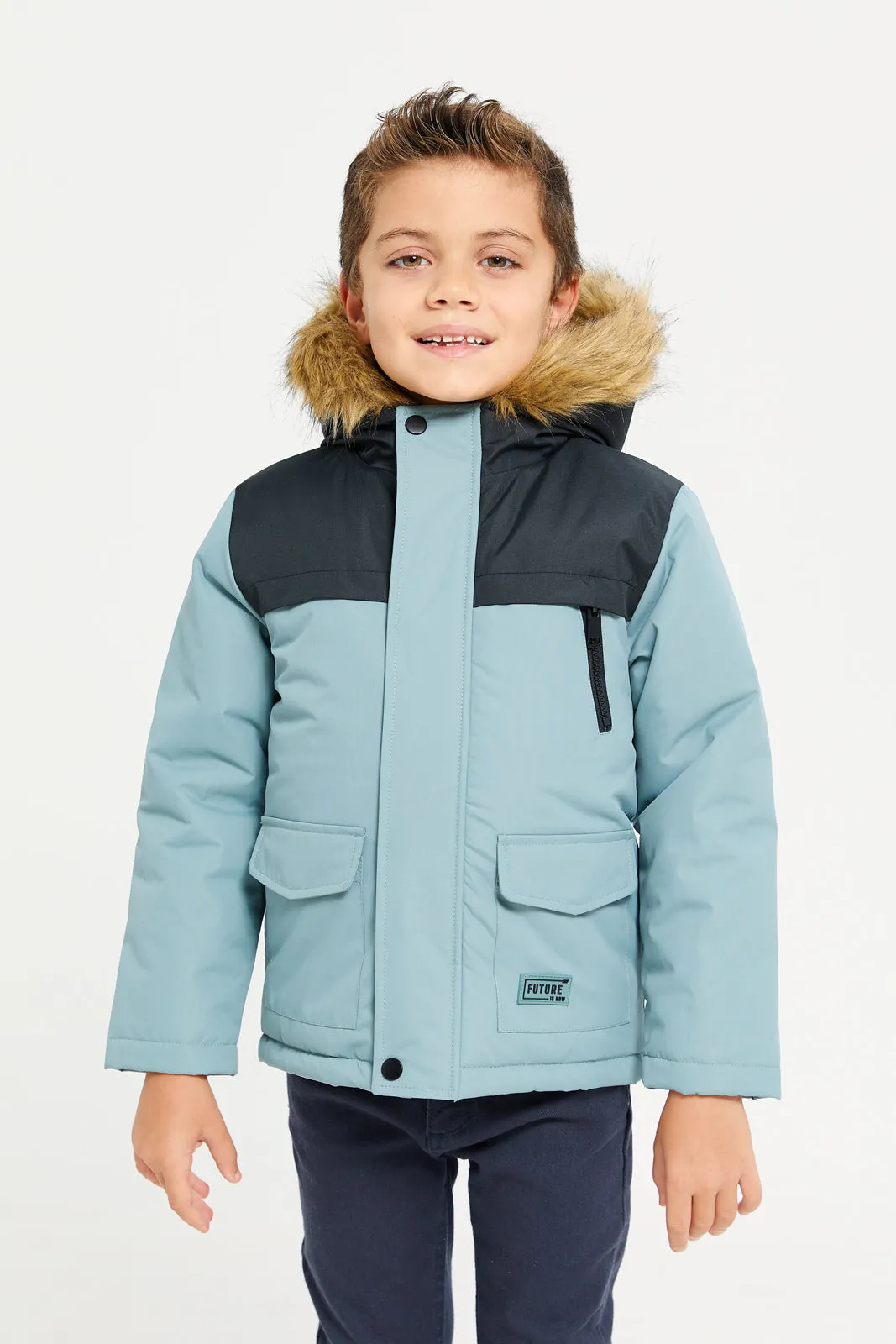 Boys Blue Padded Fur Hooded Jacket sold by Redtag