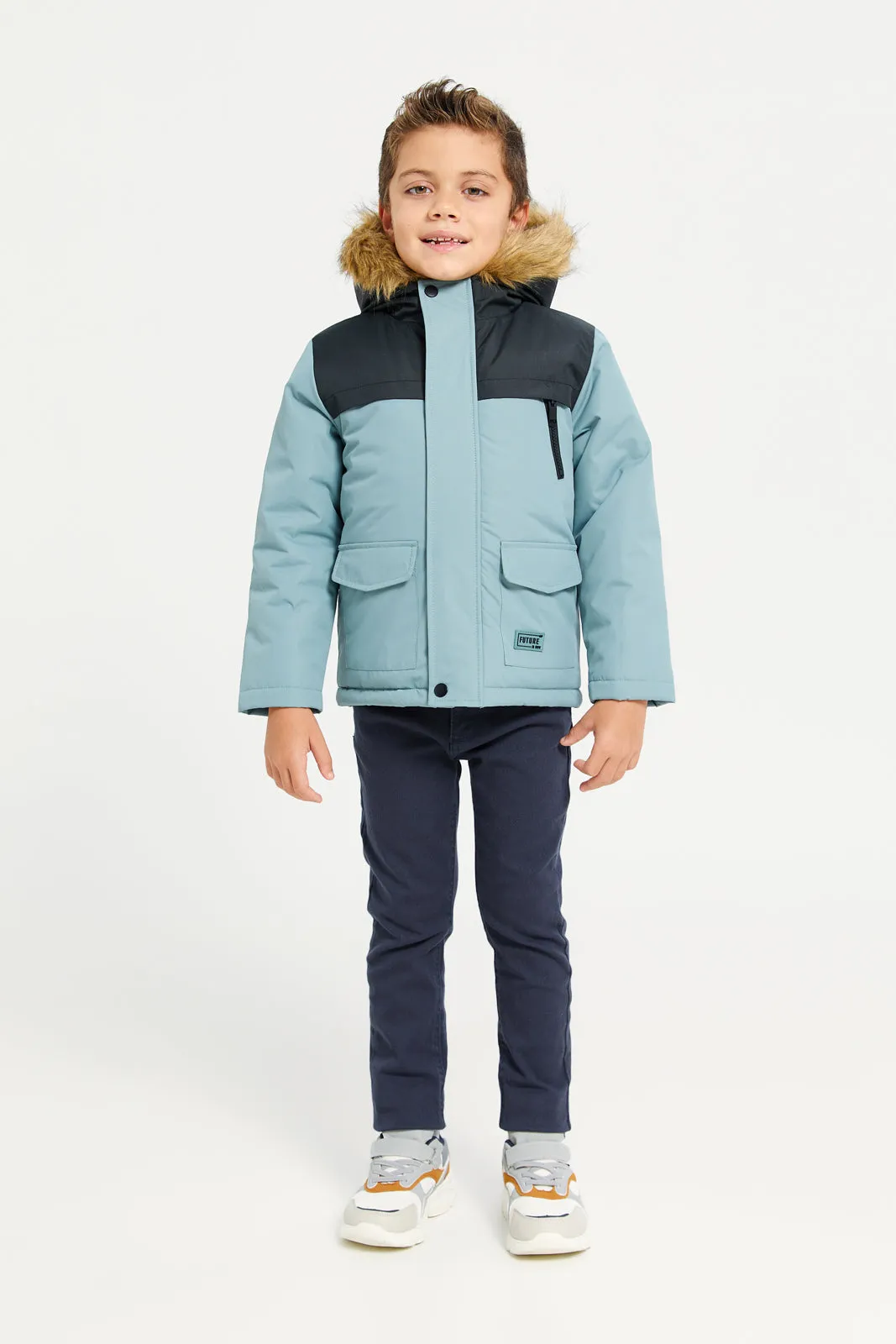 Boys Blue Padded Fur Hooded Jacket sold by Redtag product image thumbnail 2