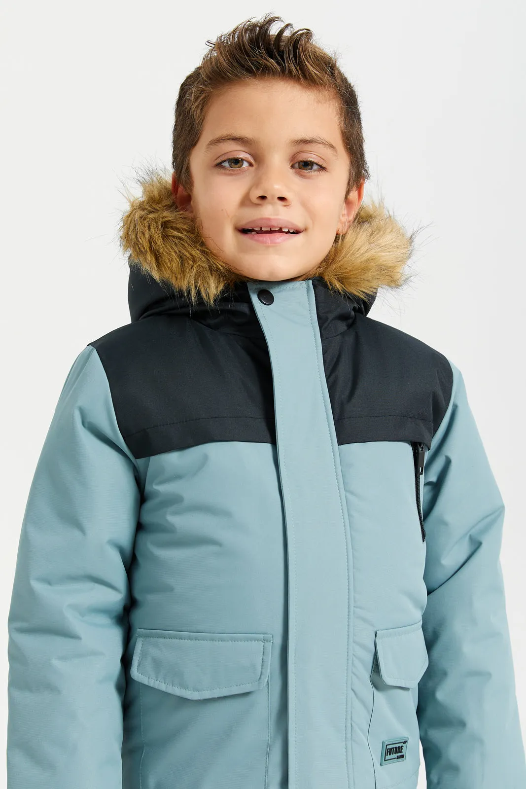 Boys Blue Padded Fur Hooded Jacket sold by Redtag product image thumbnail 4