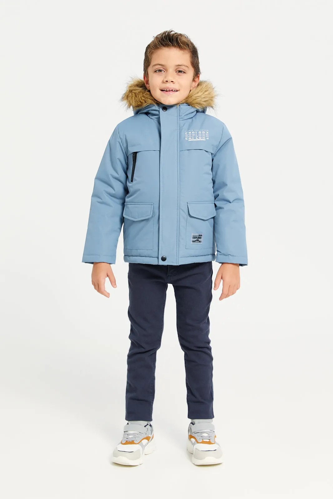 Boys Blue Padded Fur Hooded Jacket sold by Redtag product image thumbnail 2