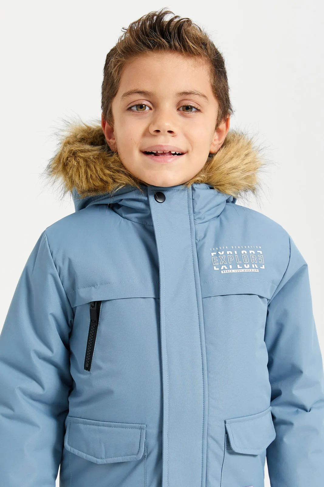 Boys Blue Padded Fur Hooded Jacket sold by Redtag product image thumbnail 4