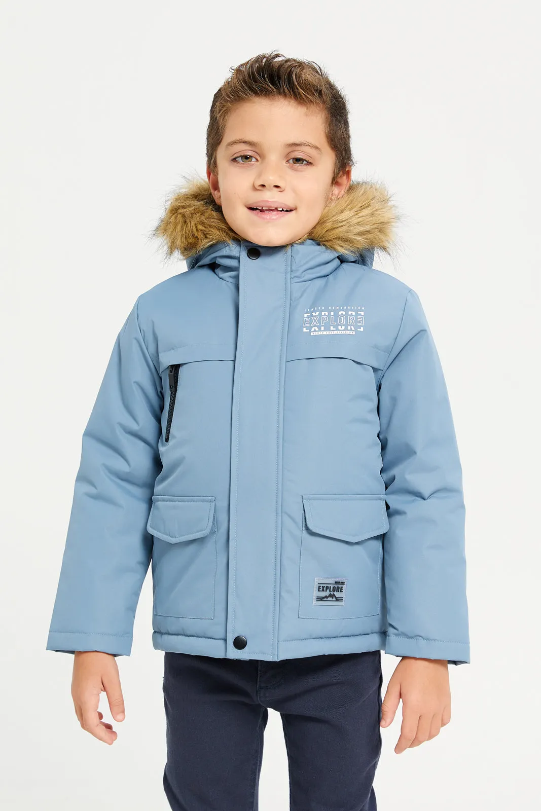 Boys Blue Padded Fur Hooded Jacket sold by Redtag