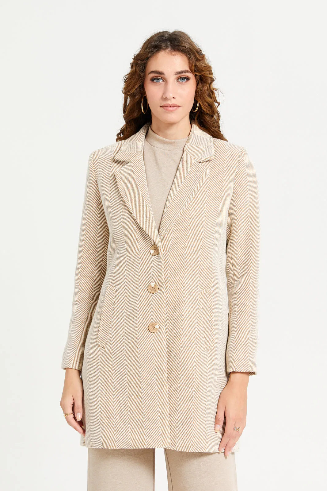 Women Beige Jacquard Long Coat sold by Redtag