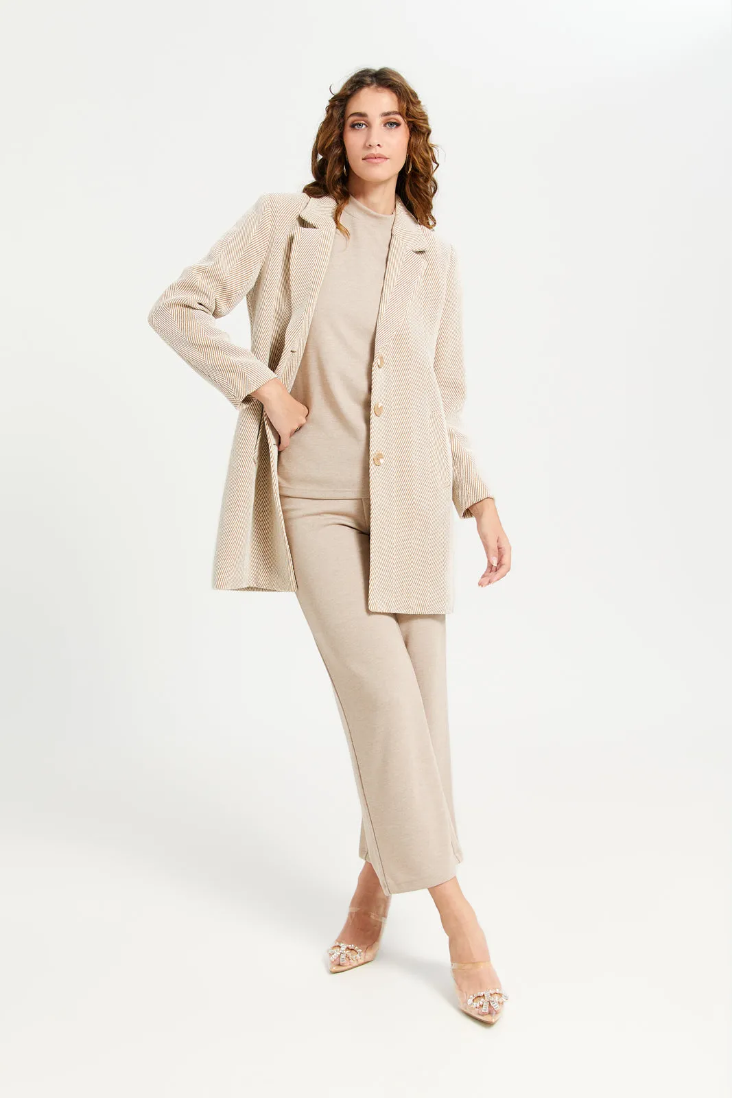 Women Beige Jacquard Long Coat sold by Redtag product image thumbnail 4