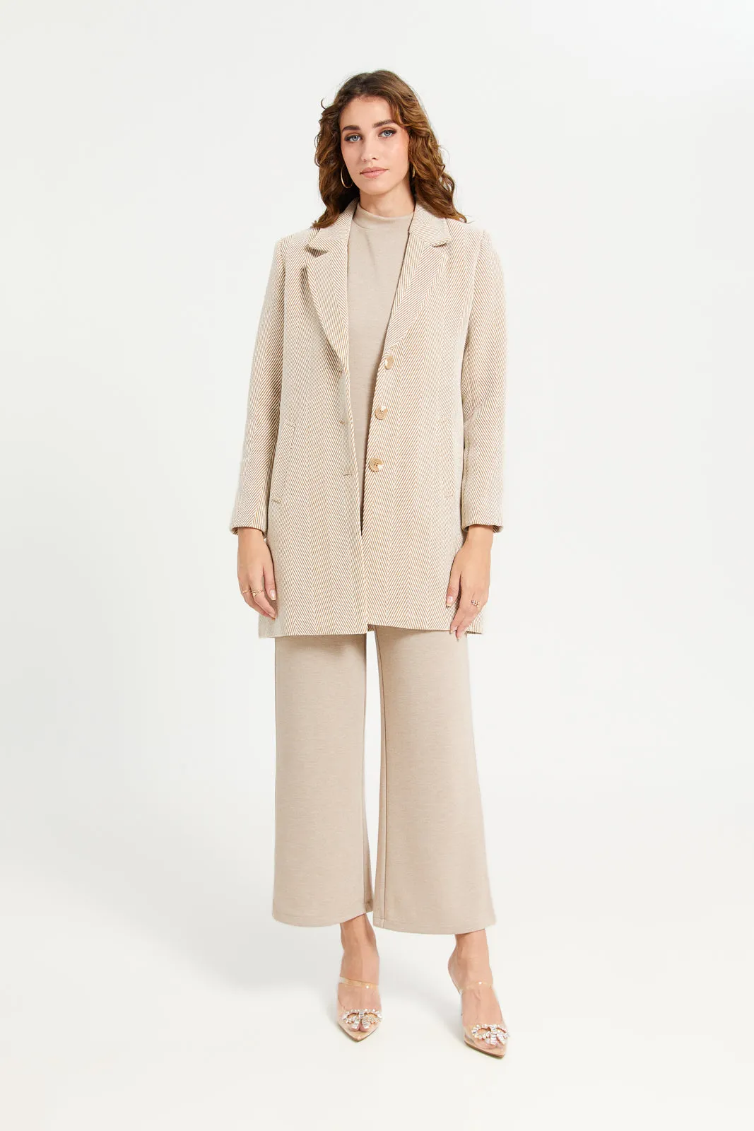 Women Beige Jacquard Long Coat sold by Redtag product image thumbnail 2