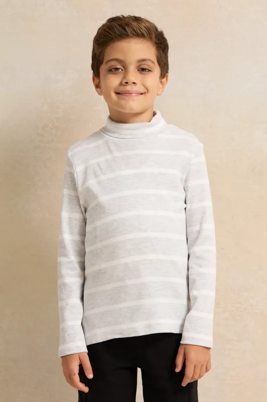 Boys Grey And White Striped High-Neck T-Shirt sold by Redtag