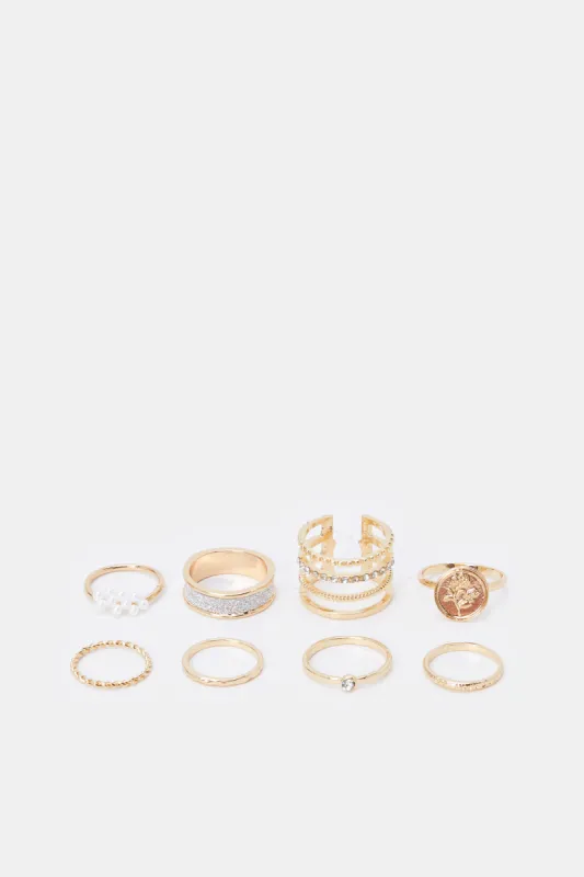 Women Gold Embellished Ring Set (Pack of 8) sold by Redtag
