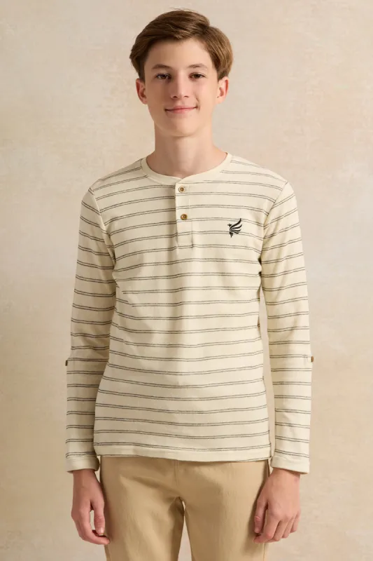Senior Boys Beige Striped T-Shirt sold by Redtag