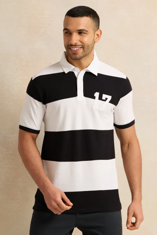 Men White And Black Striped Pique Polo Shirt sold by Redtag