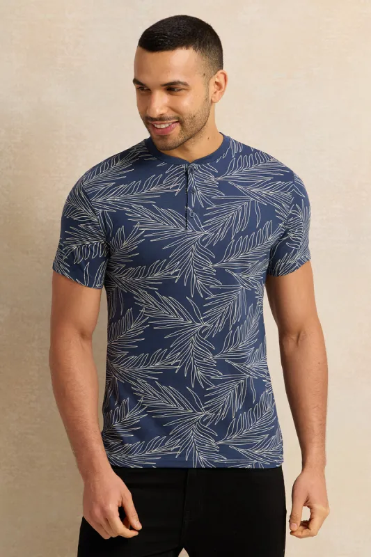 Men Navy Printed Henley T-Shirt sold by Redtag