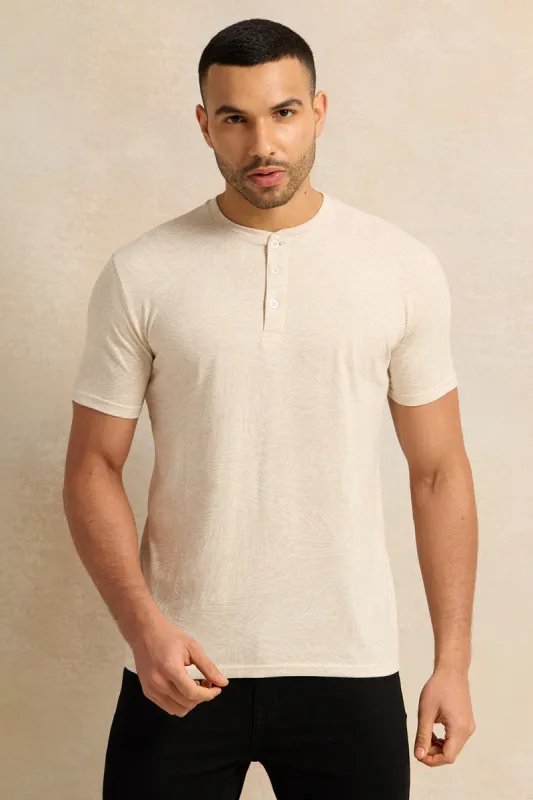 Men Beige Printed Henley T-Shirt sold by Redtag
