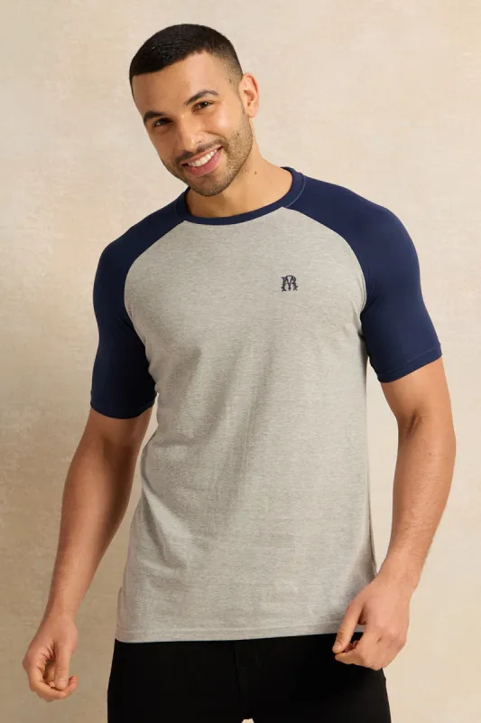 Men Grey And Navy Raglan Varsity T-Shirt sold by Redtag