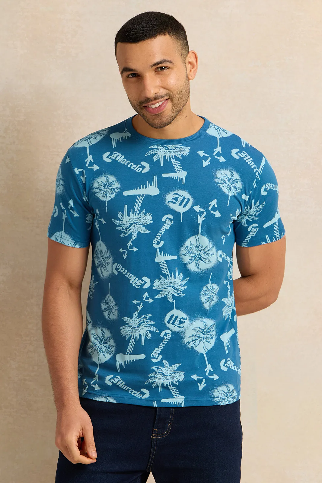 Men Blue Printed T-Shirt sold by Redtag