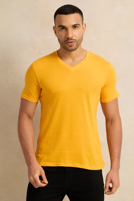 Men Mustard Basic V-Neck T-Shirt sold by Redtag