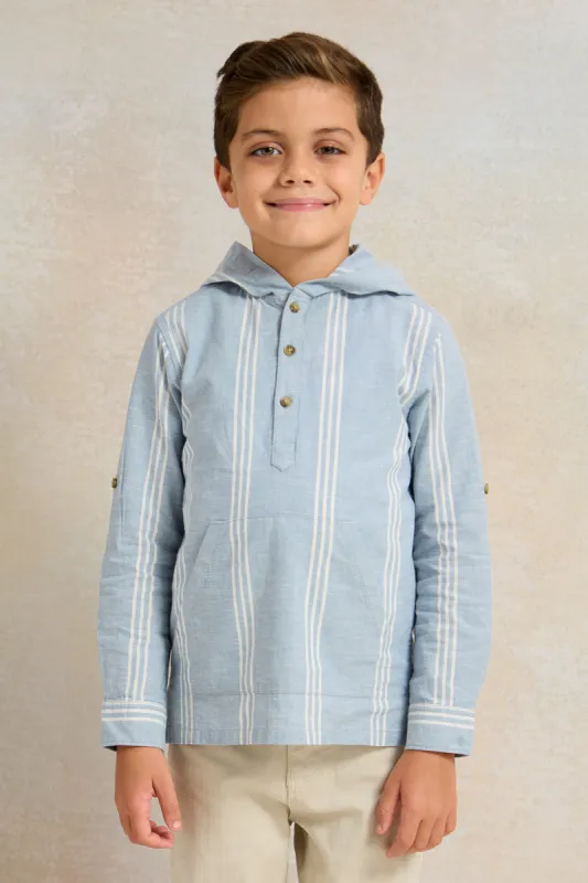 Boys Blue Striped With Hooded Shirt sold by Redtag