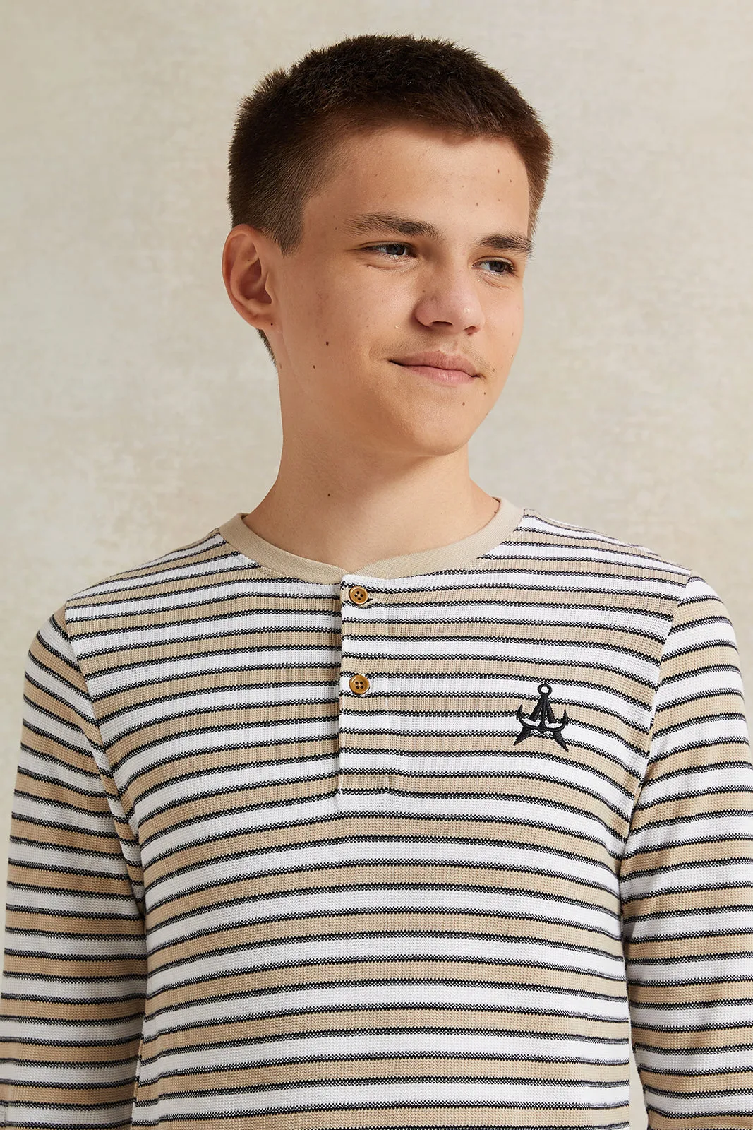 Senior Boys Beige Jacquard Long Sleeve Striped T-Shirt sold by Redtag product image thumbnail 4