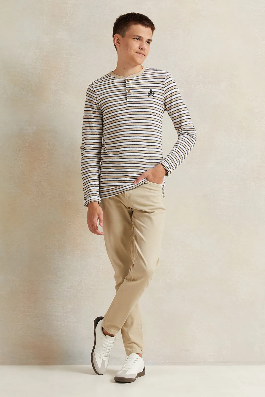 Senior Boys Beige Jacquard Long Sleeve Striped T-Shirt sold by Redtag product image thumbnail 2