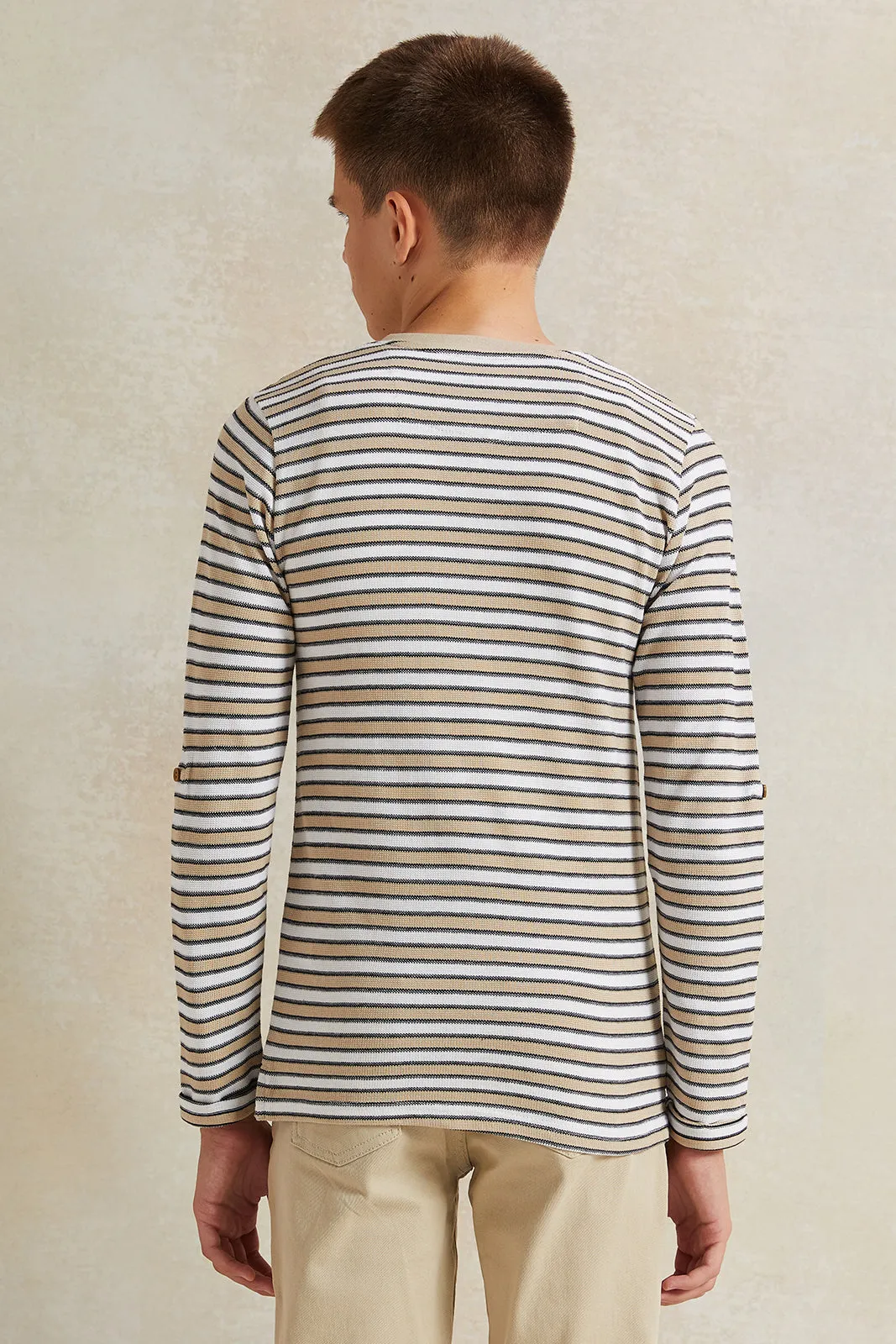 Senior Boys Beige Jacquard Long Sleeve Striped T-Shirt sold by Redtag product image thumbnail 3