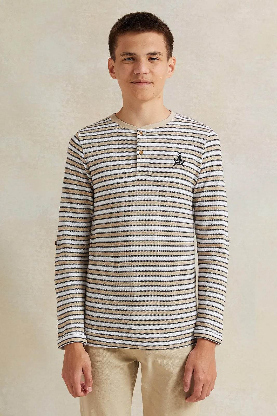 Senior Boys Beige Jacquard Long Sleeve Striped T-Shirt sold by Redtag