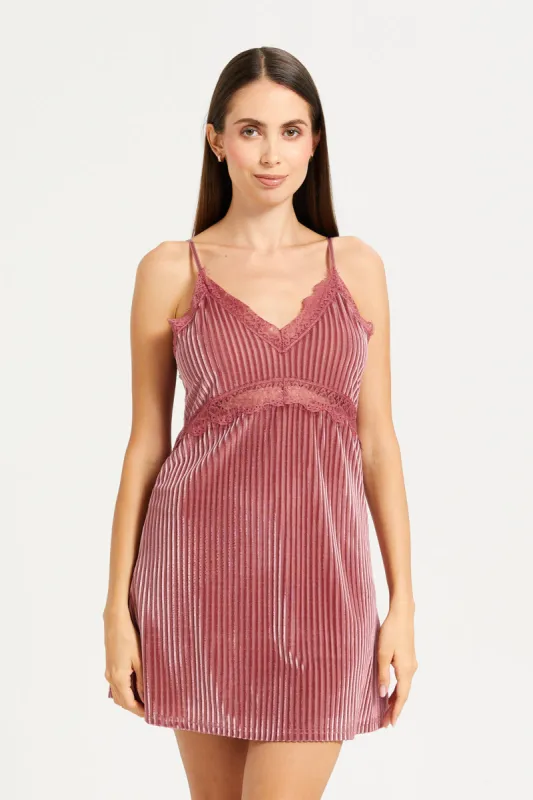Women Pink Velvet Pleated Chemise sold by Redtag