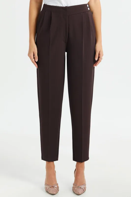 Women Brown Tapered Waist Detail Trouser sold by Redtag