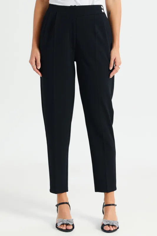 Women Black Tapered Waist Detail Trouser sold by Redtag