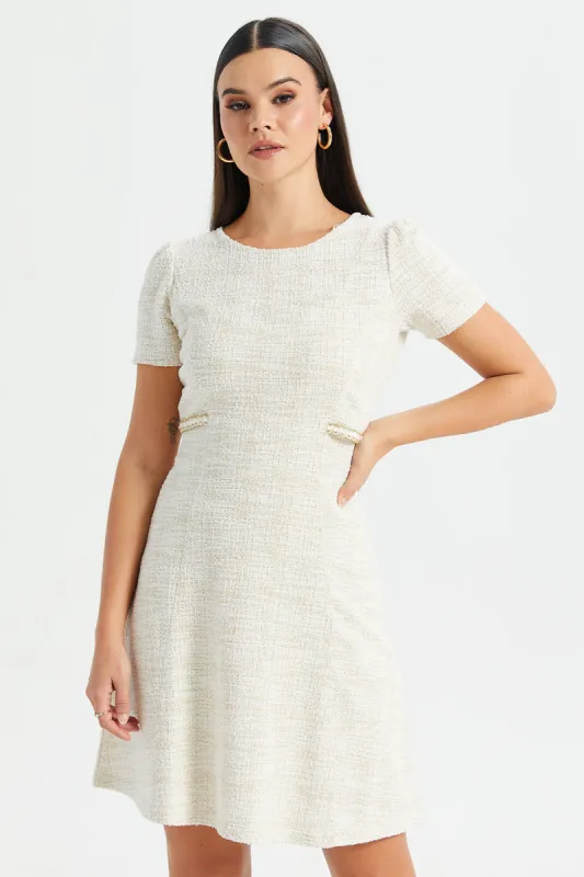 Women Cream Tweed Dress sold by Redtag
