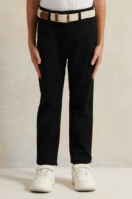 Boys Black Dobby Fabric Belted Trouser sold by Redtag