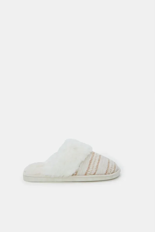 Women Ivory Chenille Fur Trim Slipper sold by Redtag