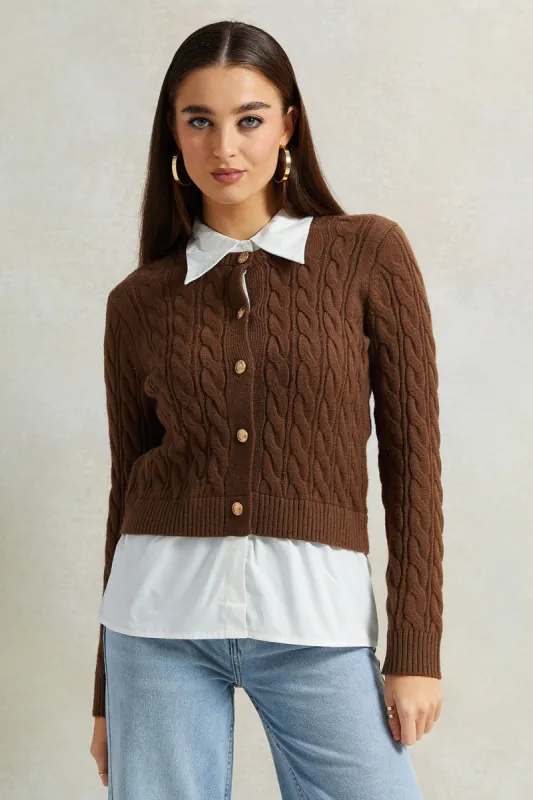 Women Beige Collared Mock Neck Sweater With Front Buttons sold by Redtag