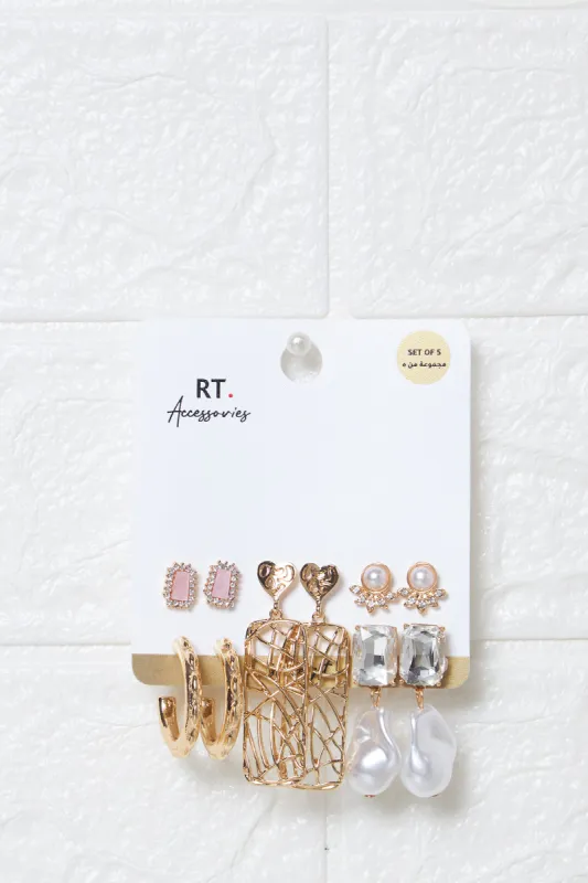 Women Gold Embellished Earring Set (5 Pairs) sold by Redtag