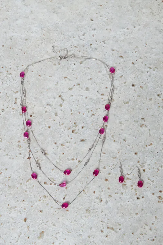 Women Silver And Pink Necklace And Earring (2 Piece) sold by Redtag