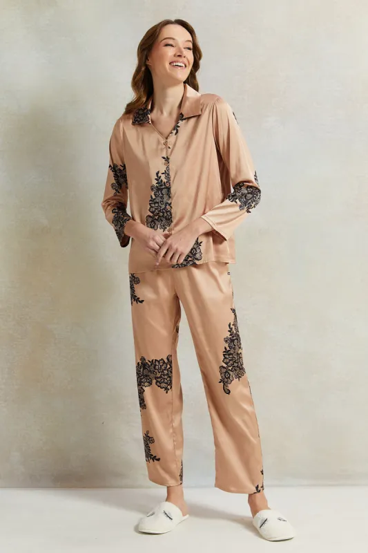 Women Gold Satin Classic Pyjama Set (2 Piece) sold by Redtag