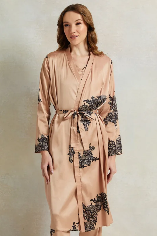Women Gold Lace Printed Long Sleeve Robe sold by Redtag