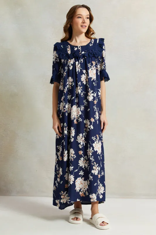 Women Navy Frill Nightgown sold by Redtag
