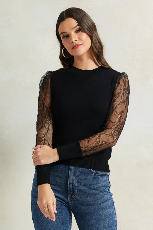 Women Black Sheer Sleeve Top sold by Redtag