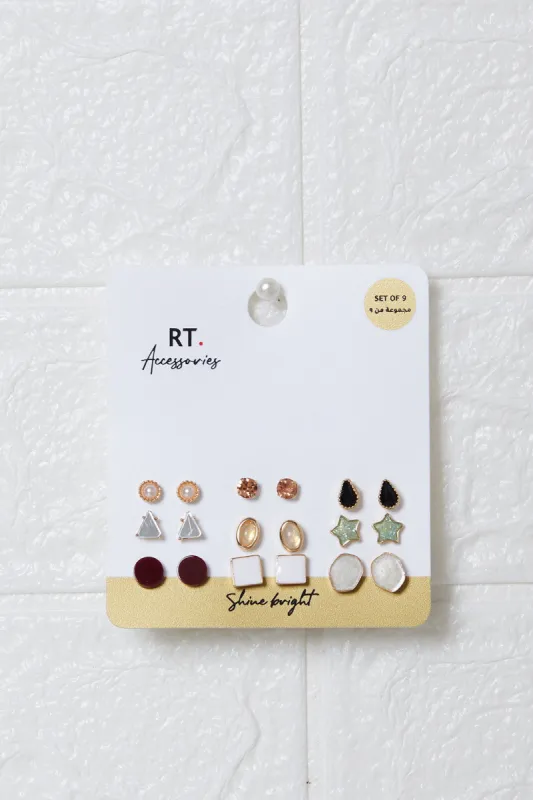 Women Gold Embellished Earring Set (9 Pairs) sold by Redtag