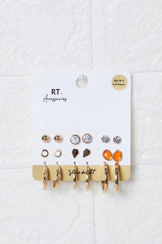 Women Gold Embellished Earring Set (9 Pairs) sold by Redtag