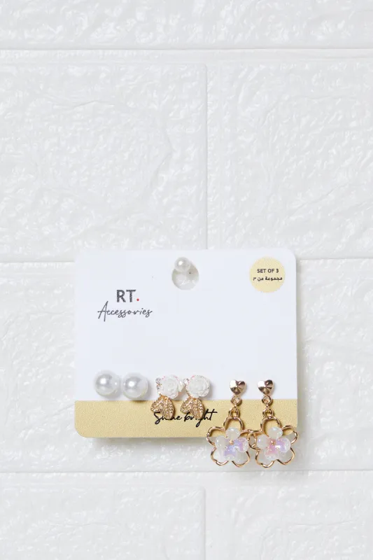 Women Gold Embellished Earring Set (3 Pairs) sold by Redtag