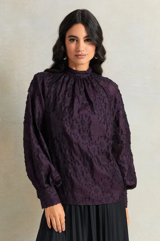 Women Purple Round Neck Jacquard Blouse sold by Redtag